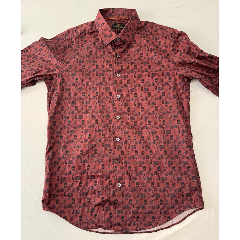 Simon Carter London 40 Slim Fit Red Beer Print Button Shirt Men's Medium Cotton